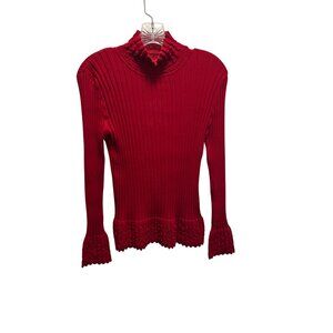 Alison Sheri Red Ribbed Knit Long Sleeve Sweater With Ruffle Hem & Cuffs S